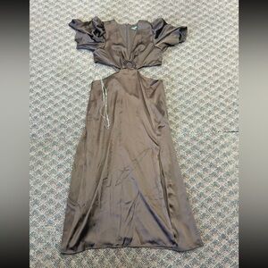 wild fable Brown Satin Cutout Maxi Dress with Ring Detail